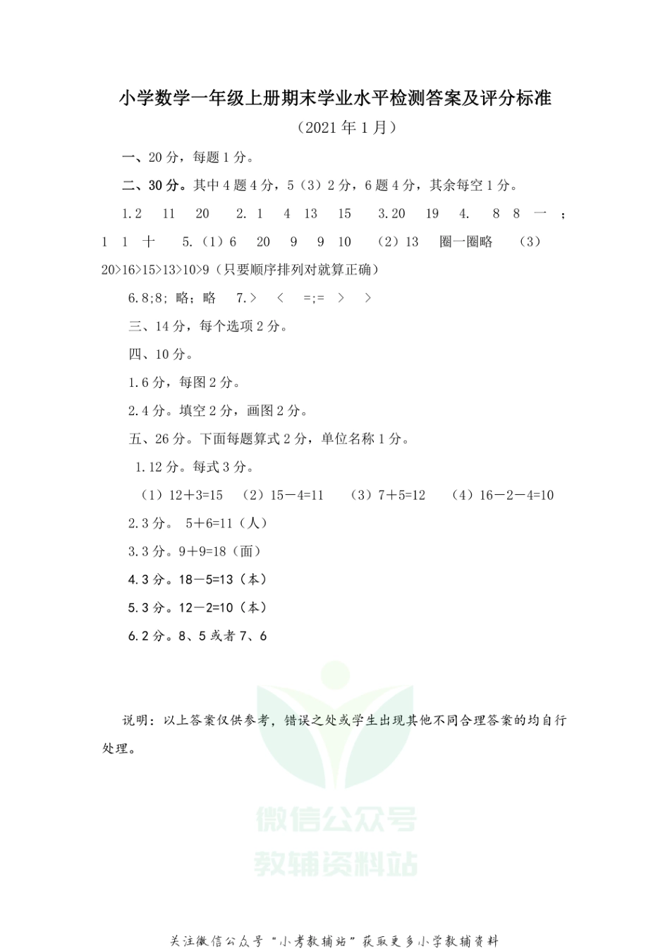 山东省滨州市无棣县数学一年级第一学期期末学业水平检测 2020-2021学年（青岛版）答案_第1页