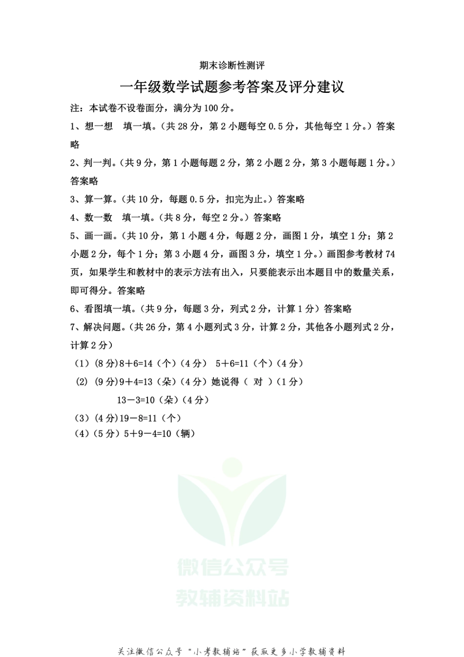 山东省枣庄市薛城区数学一年级第一学期期末诊断性测评 2020-2021学年（青岛版）答案_第1页