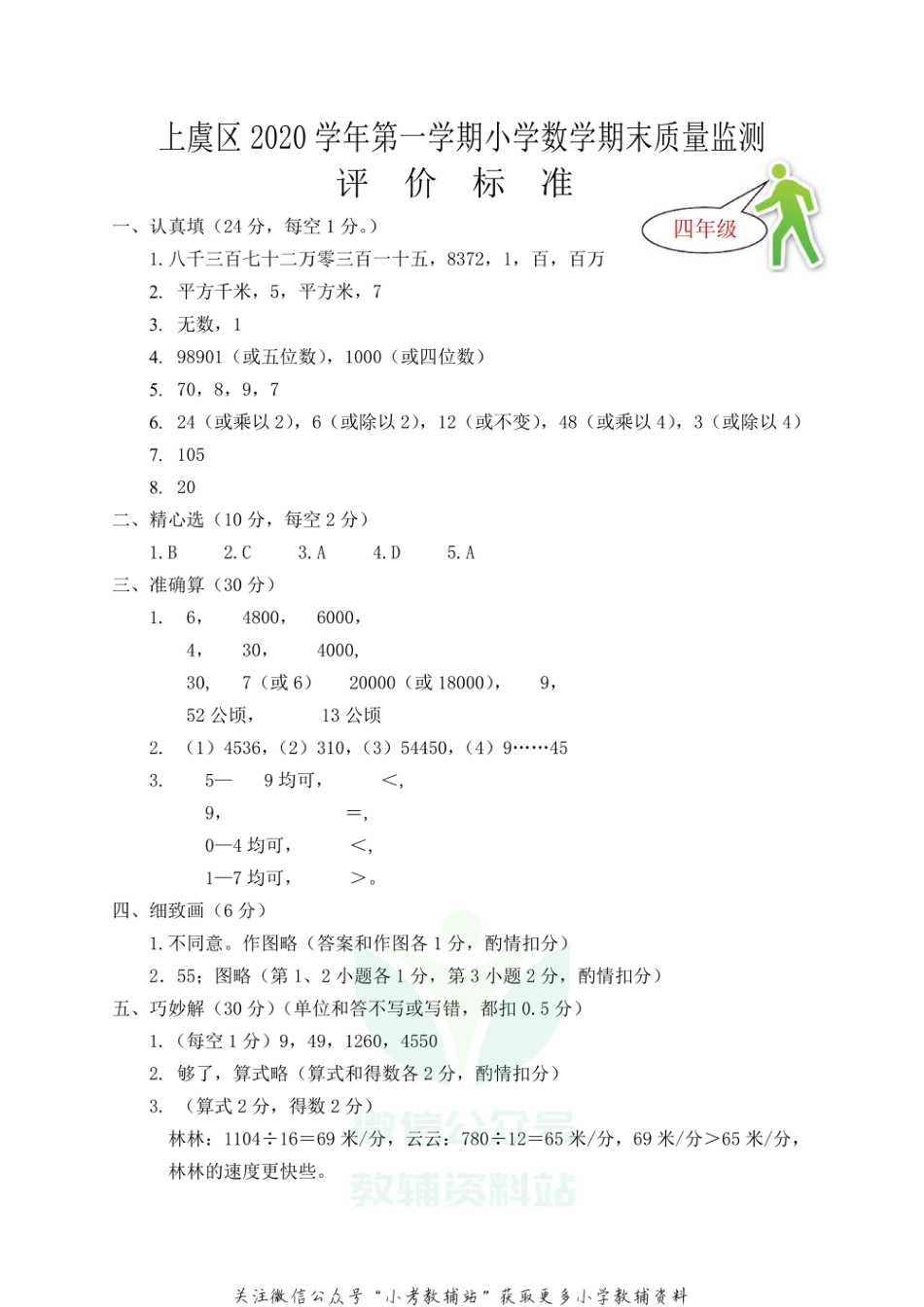 浙江省绍兴市上虞区数学四年级第一学期期末质量评估 2020-2021学年人教版答案_第1页
