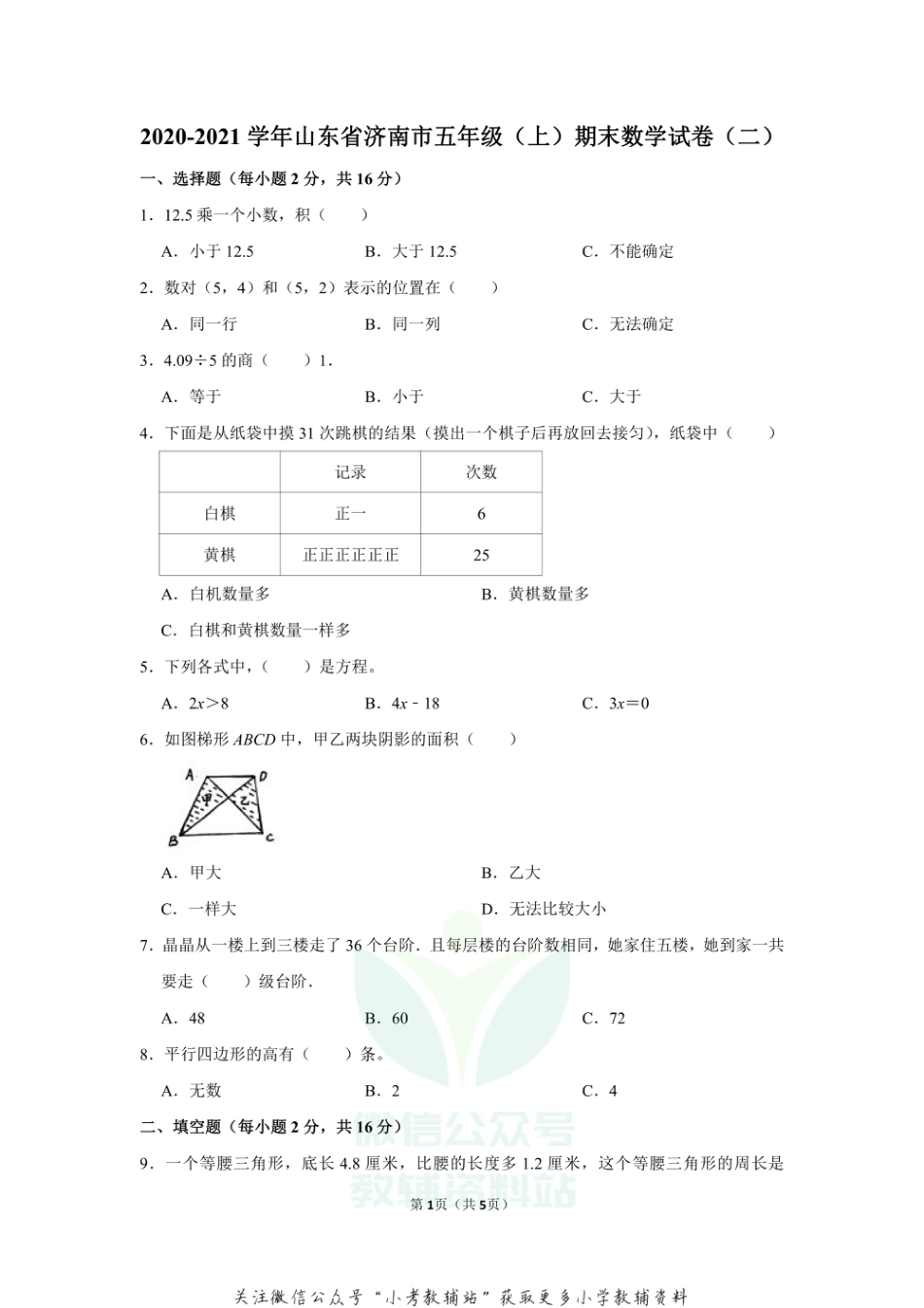 2020-2021学年山东省济南市五年级（上）期末数学试卷（二）（无答案）_第1页