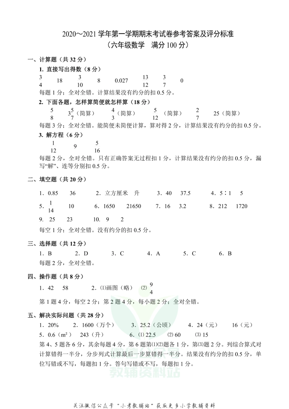 江苏省无锡市宜兴市数学六年级2020-2021学年上学期期末试卷（苏教版）答案评分标准_第1页