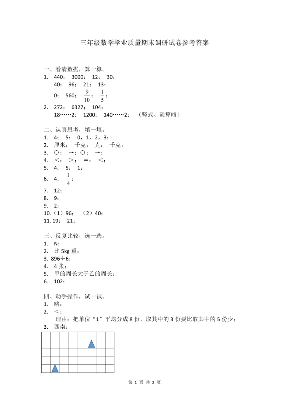 江苏省连云港市数学三年级第一学期期末学业质量调研 2020-2021学年（苏教版）答案_第1页