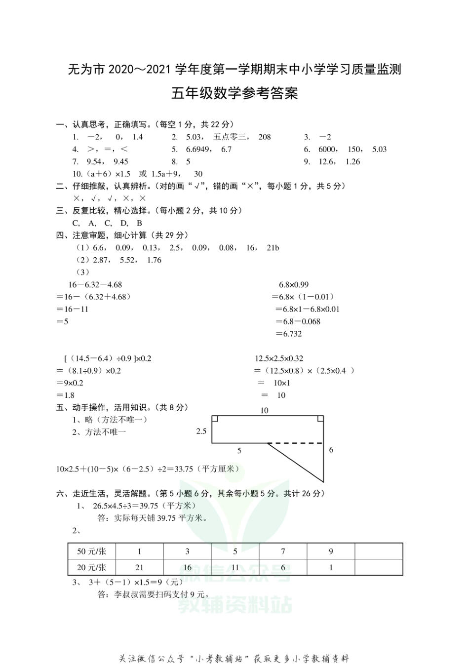 安徽省芜湖无为市数学五年级2020-2021学年上学期期末质量监测试题（苏教版）答案_第1页