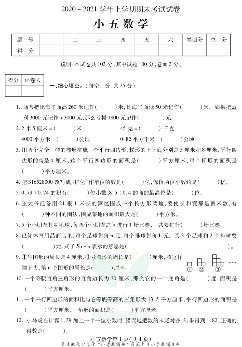 河南省平顶山市郏县数学五年级2020-2021学年上学期期末考试卷（苏教版）_第1页