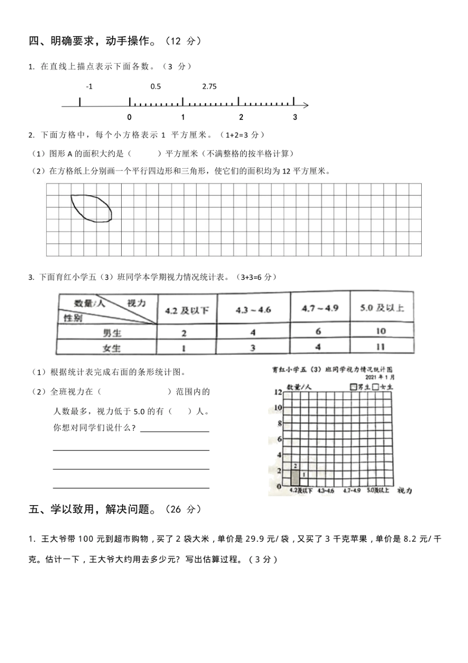 江苏省连云港市数学五年级第一学期期末学业质量调研 2020-2021学年（苏教版）_第3页