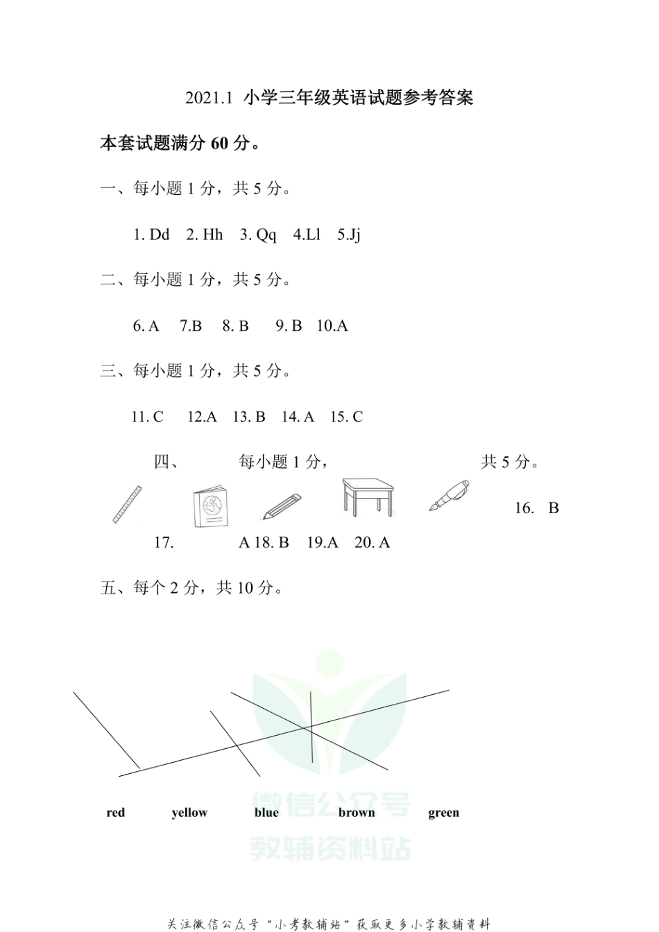 河北省保定市高阳县英语三年级上学期期末试题 2020-2021学年（冀教版三起）答案_第1页