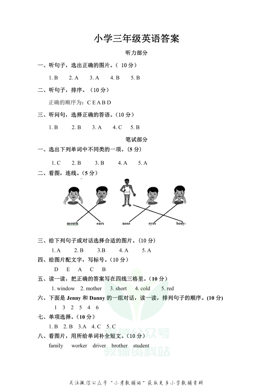 河北省沧州任丘市英语三年级上学期期末试题 2020-2021学年（冀教版三起）答案_第1页