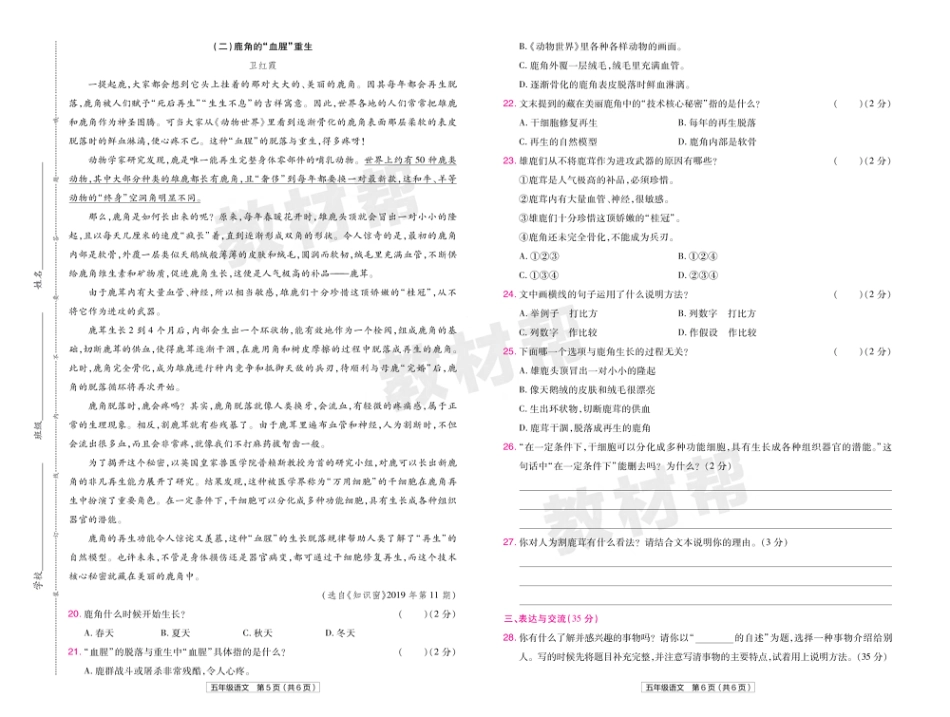 22版小学教材帮语文RJ5上试卷正文福建专用_第3页