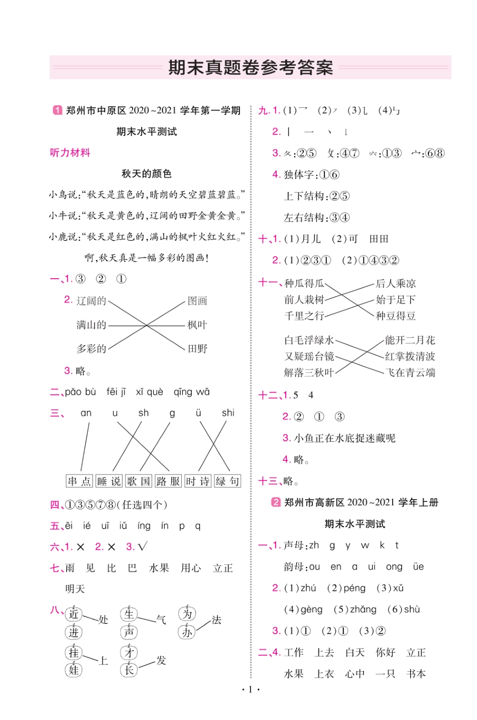 22版小学教材帮语文RJ1上试卷答案河南专用_第1页