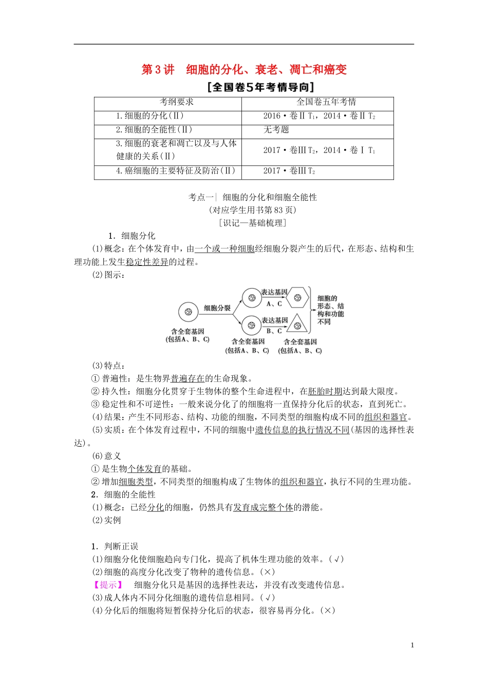 高考生物一轮复习第单元细胞的增殖分化衰老和凋亡第讲细胞的分化衰老凋亡和癌变学案苏教_第1页