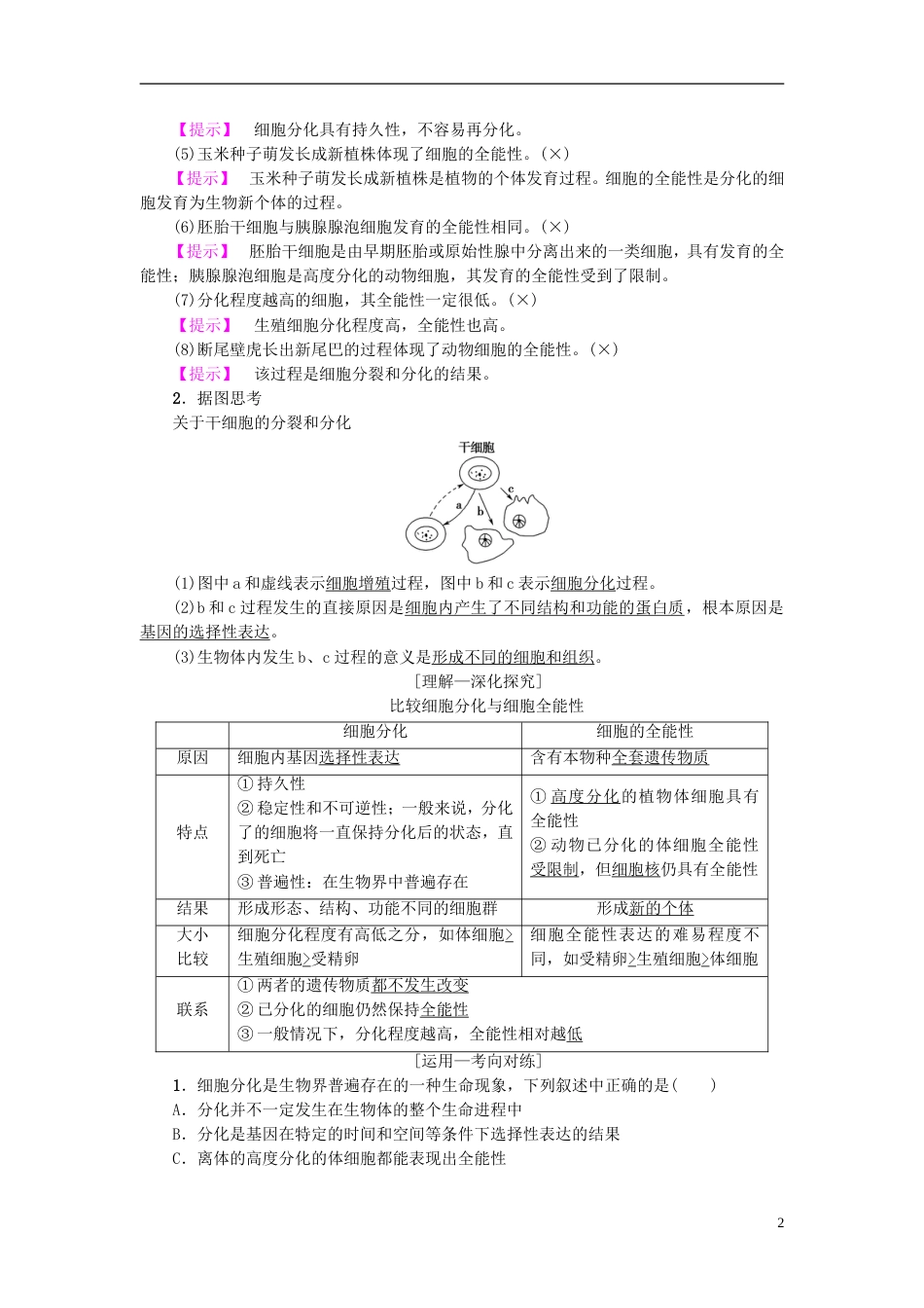 高考生物一轮复习第单元细胞的增殖分化衰老和凋亡第讲细胞的分化衰老凋亡和癌变学案苏教_第2页