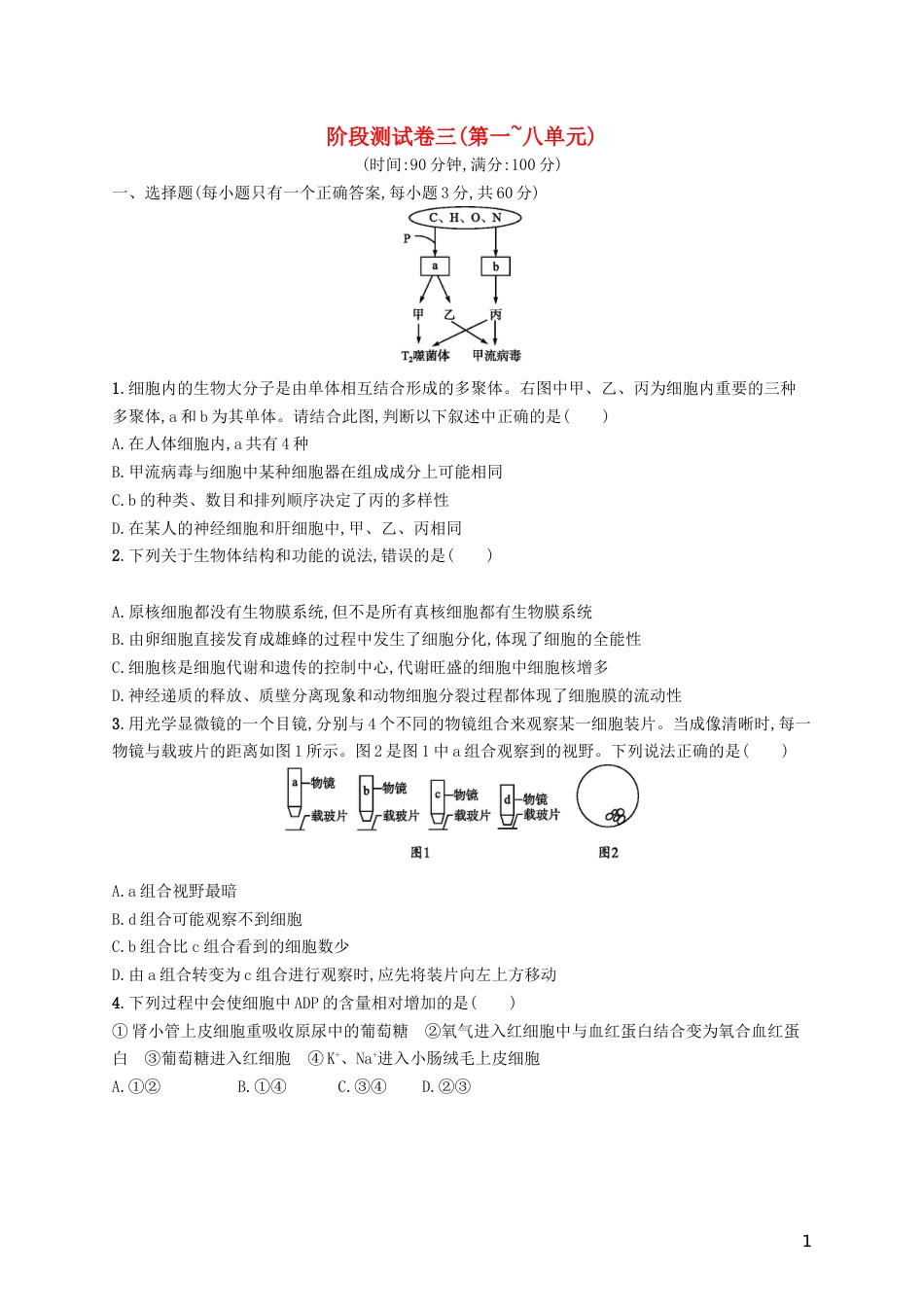 高考生物一轮复习阶段测试卷三第一~八单元_第1页