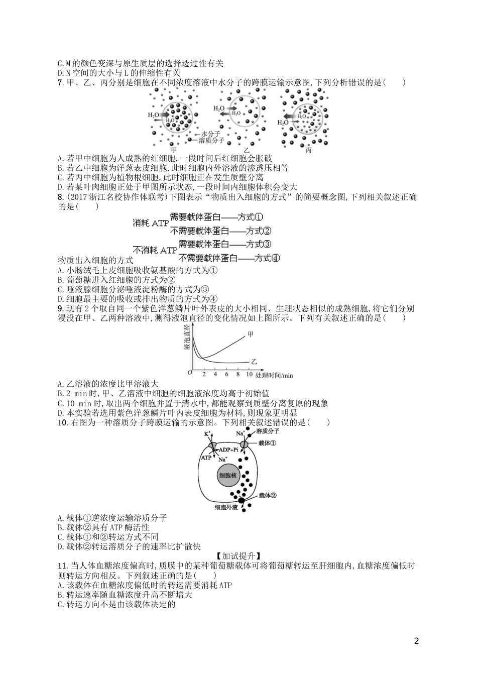 高考生物专题训练物质出入细胞的方式_第2页