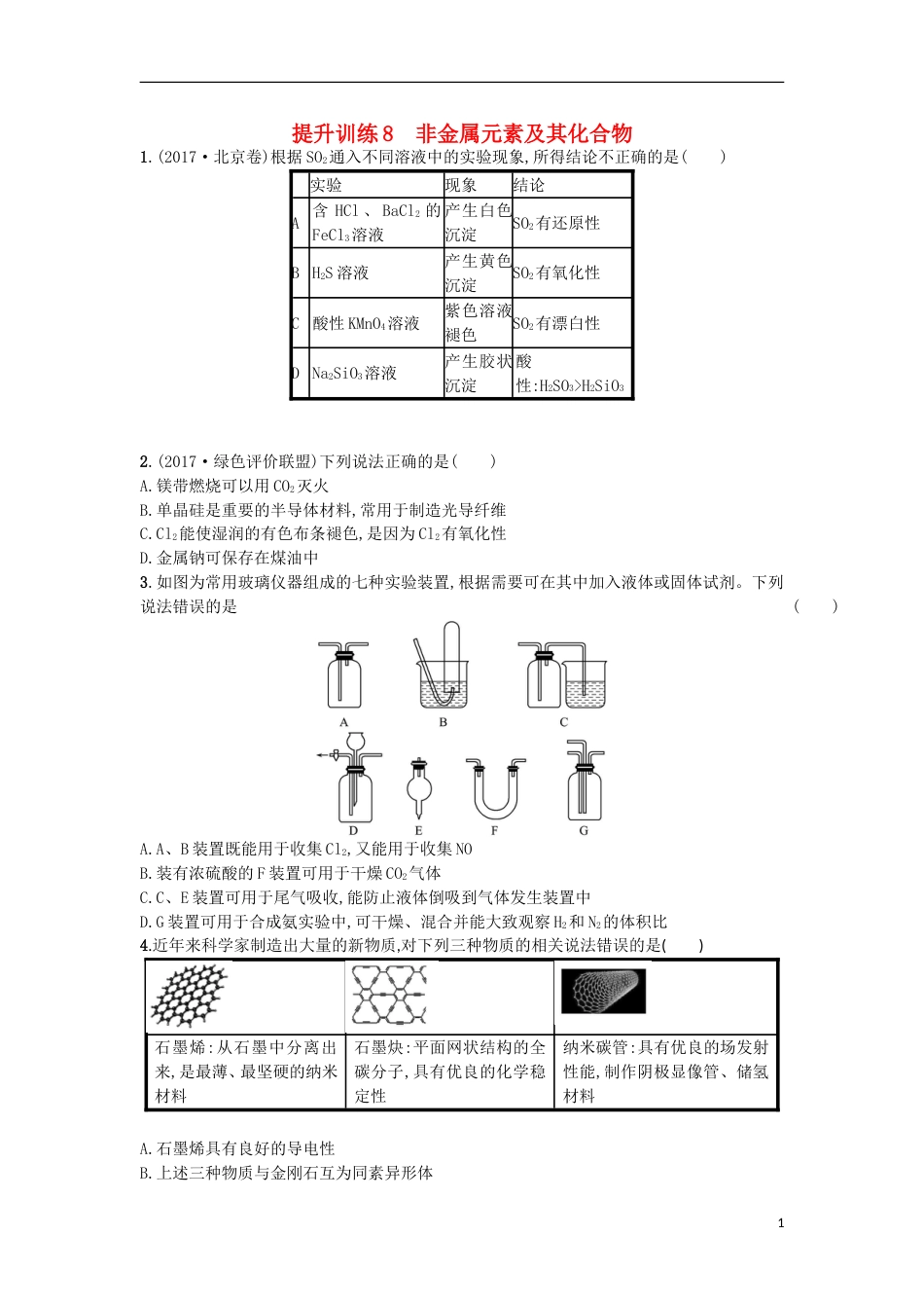 高考化学二轮专题复习提升训练非金属元素及其化合物_第1页