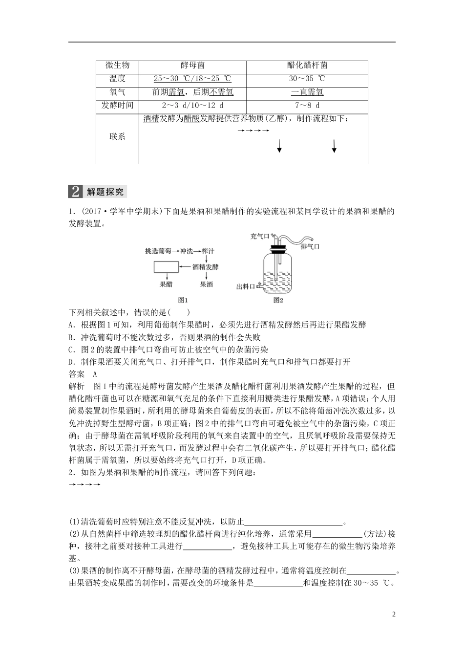 高考生物一轮总复习第九单元生物技术实践第讲生物技术在食品加工中的应用植物的组织培养学案_第2页