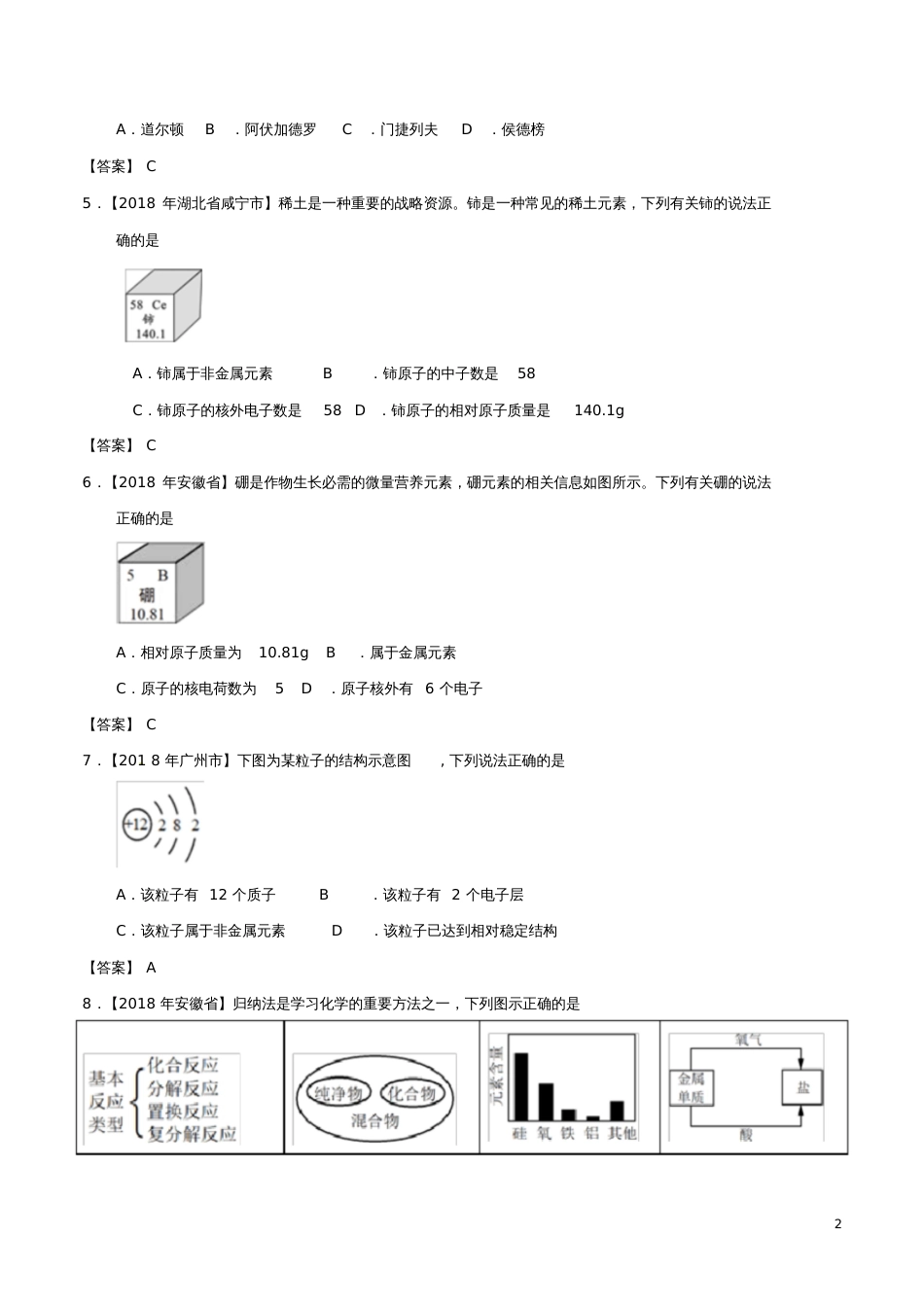 2018年中考化学知识分类练习卷原子结构及元素_第2页