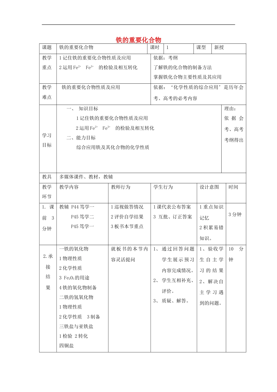 高中化学第三章金属及其化合物铁的重要化合物教案新人教必修_第1页