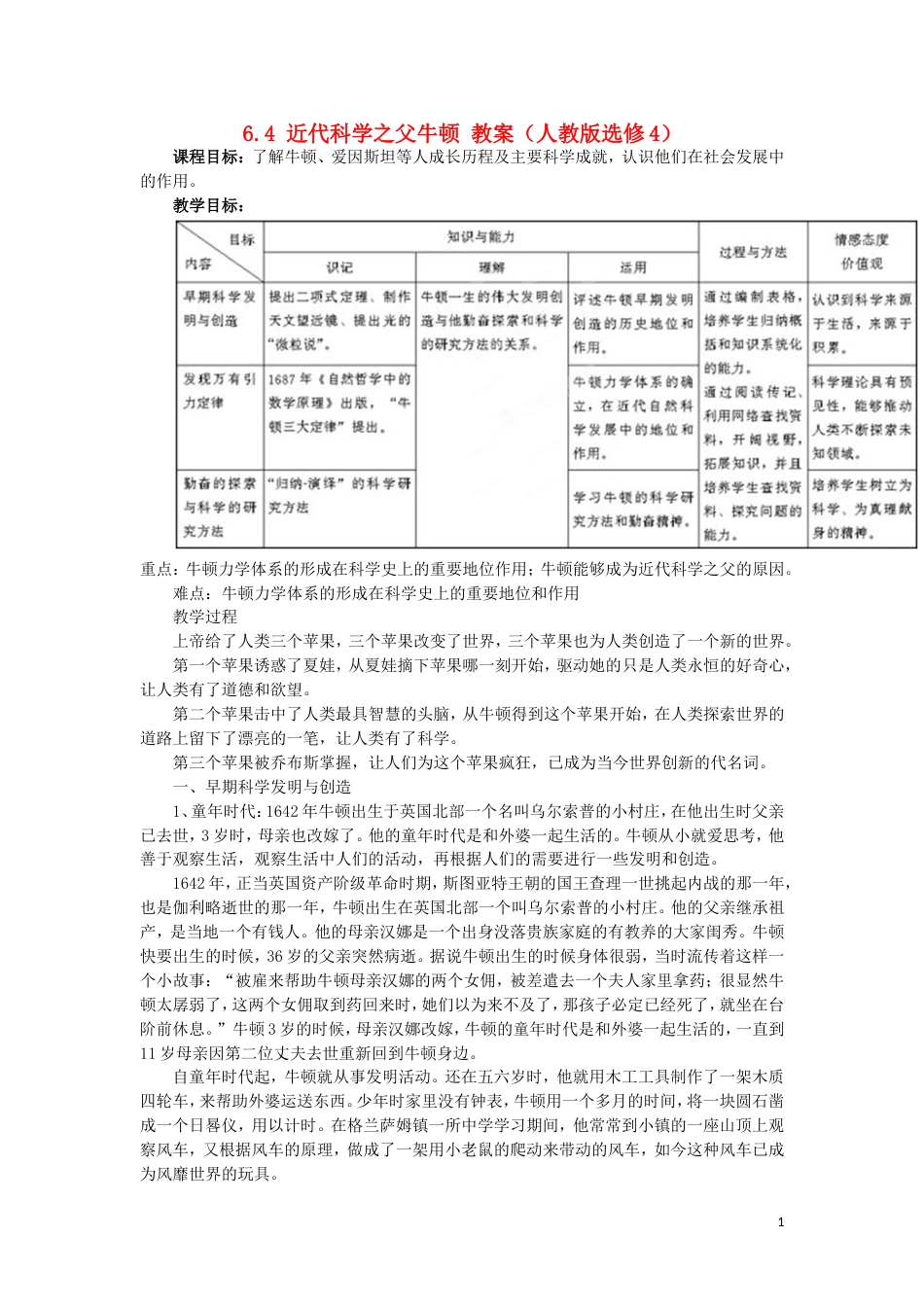 高中历史近代科学之父牛顿教案新人教选修_第1页