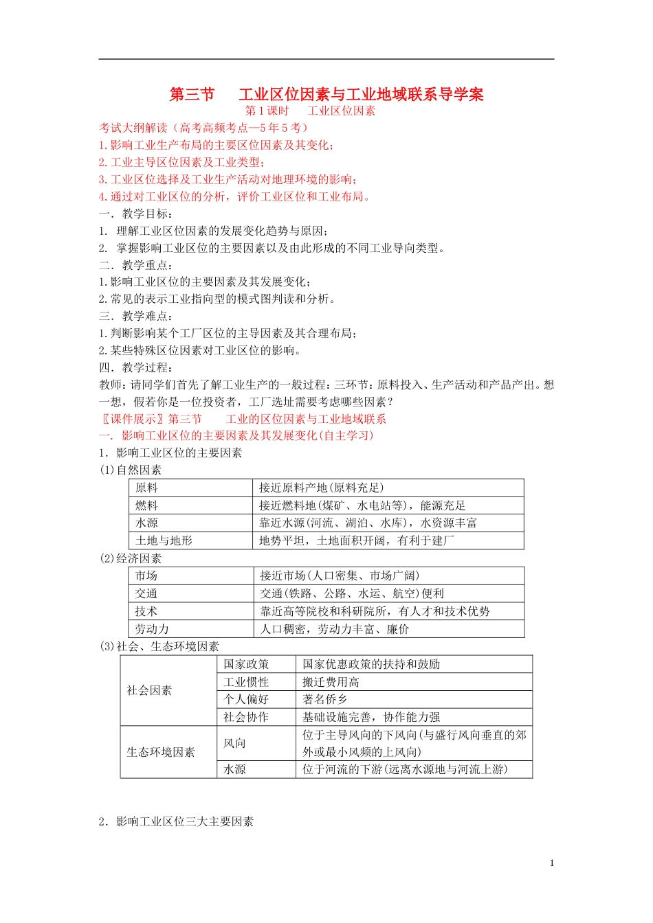 高中地理第三章域产业活动第三节工业位因素与工业地域联系导学案湘教必修_第1页