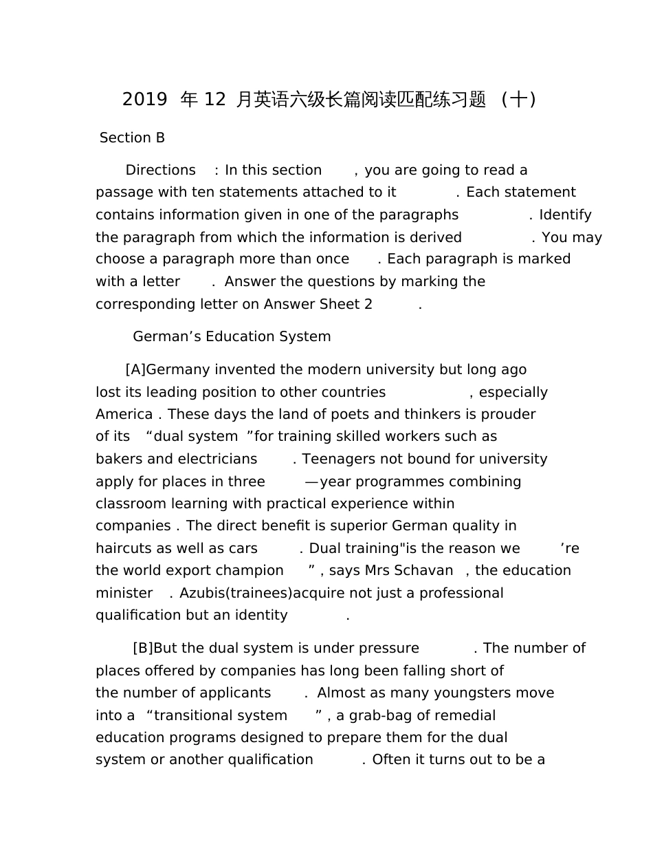 2019年12月英语六级长篇阅读匹配练习题(十)_第1页