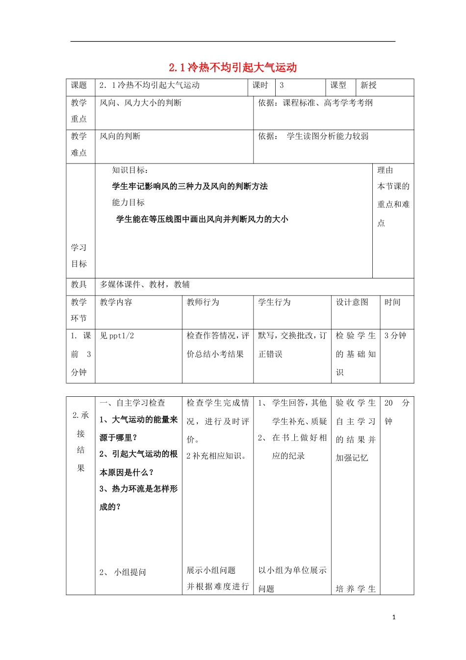 高中地理第二章地球上的大气21冷热不均引起大气运动第3课时教案新人教必修1_第1页