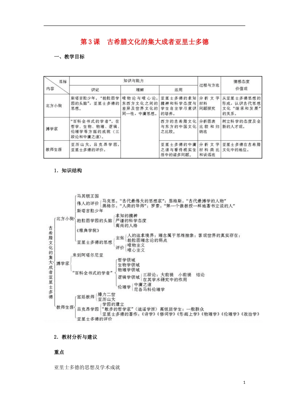 高中历史古希腊文化的集大成者亚里士多德教案新人教选修_第1页