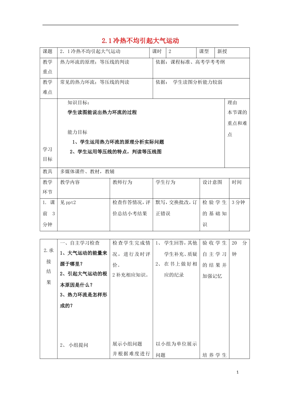 高中地理第二章地球上的大气冷热不均引起大气运动时教案新人教必修_第1页