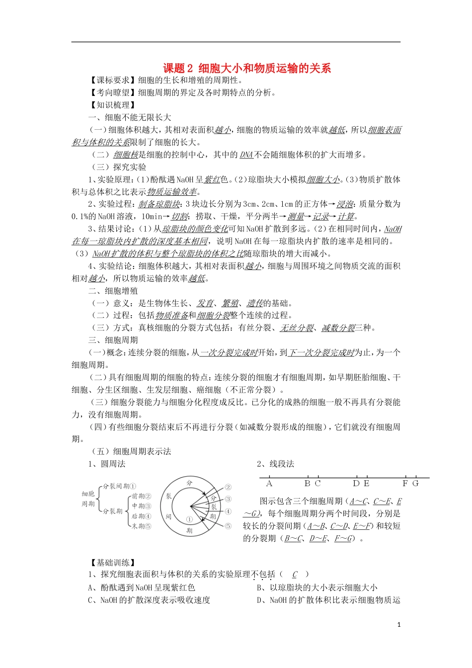 高中生物28细胞大小和物质运输的关系讲练中图版必修1_第1页