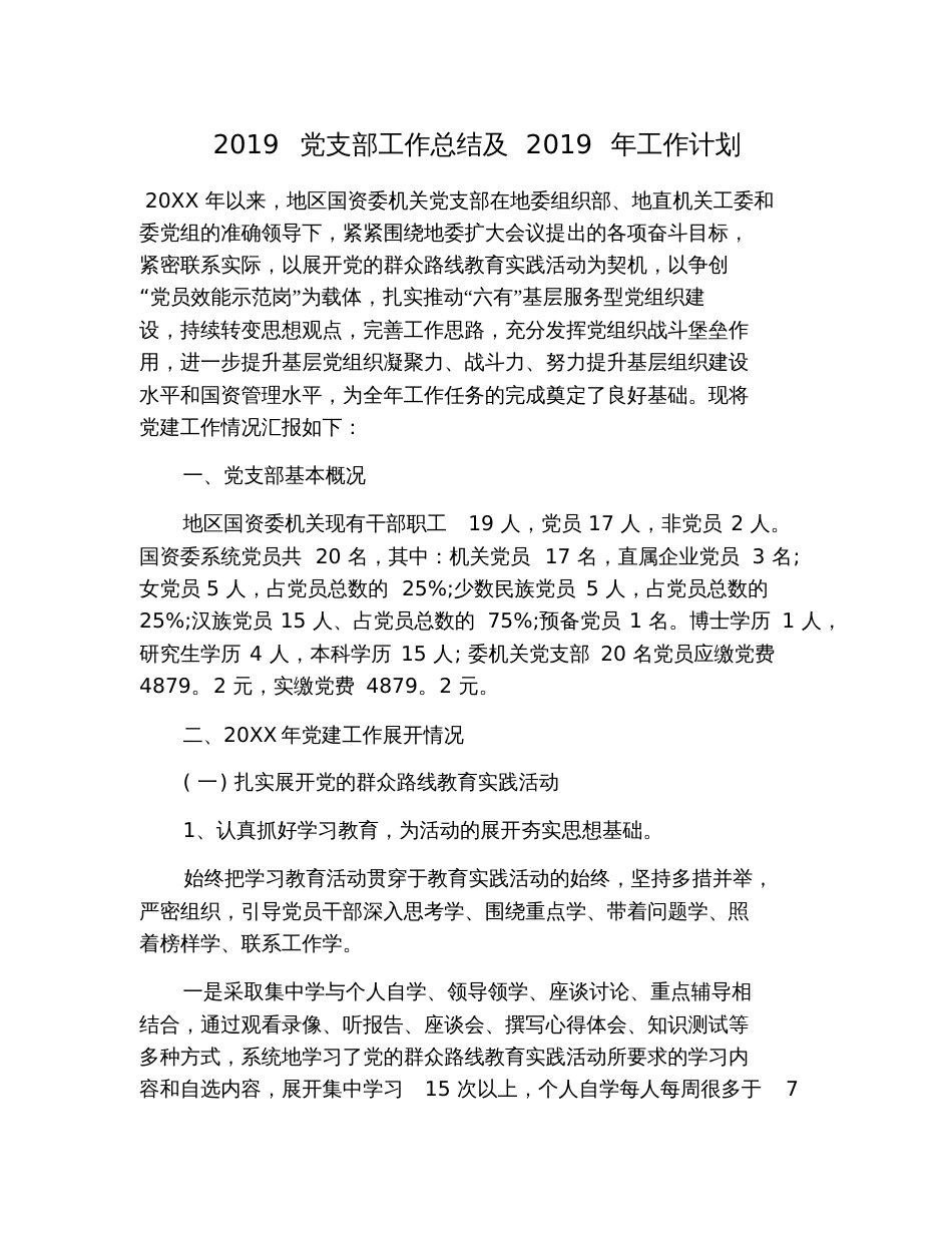 2019党支部工作总结及2019年工作计划_第1页