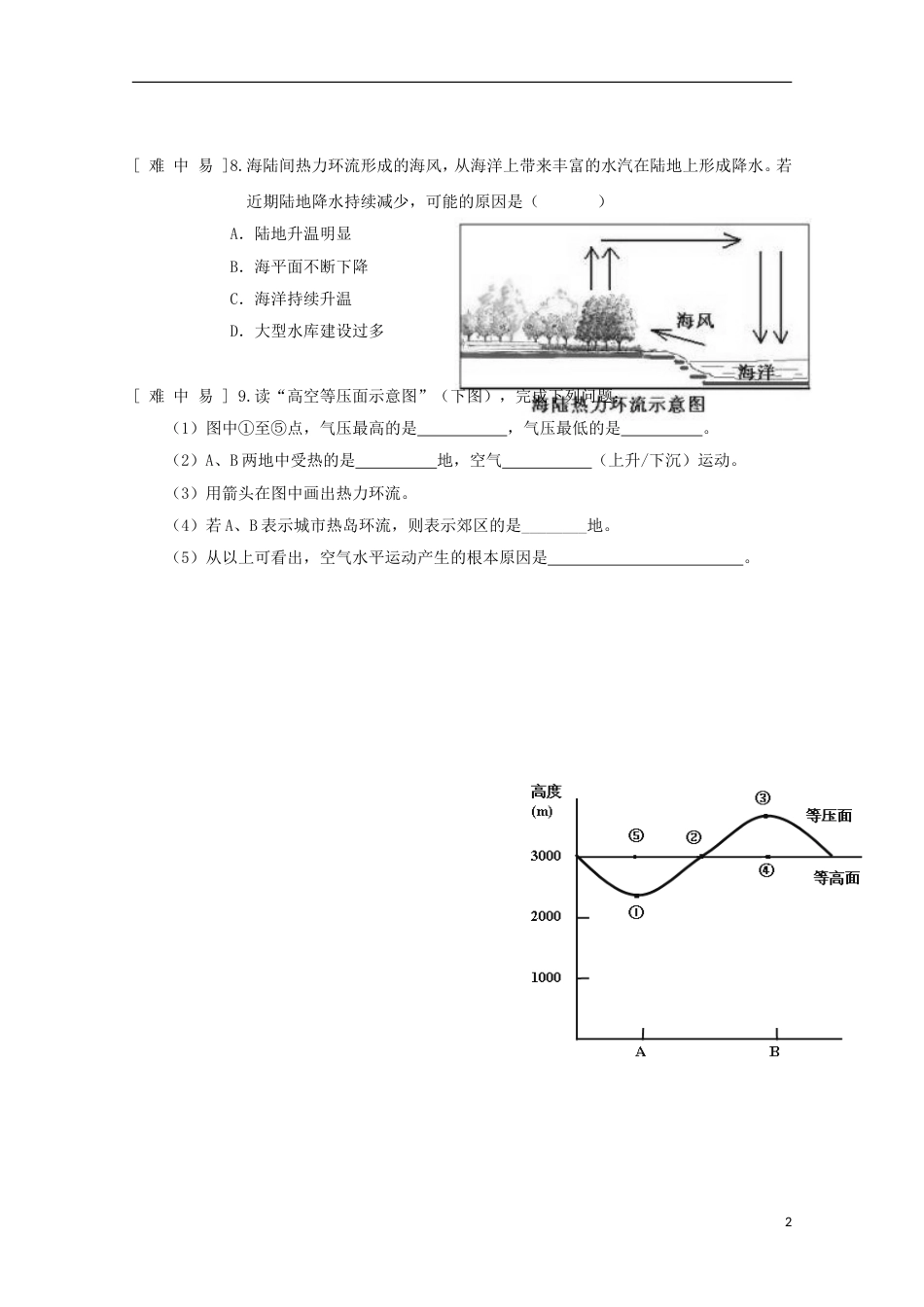 高中地理第二章地球上的大气第一节冷热不均引起大气运动时热力环流达标检测新人教必修_第2页