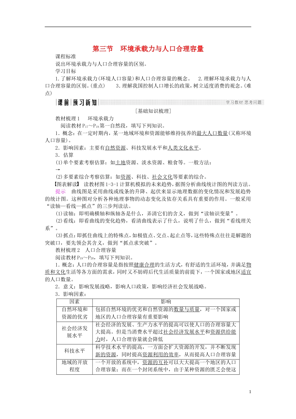 高中地理第一章人口的增长迁移与合理容量第节环境承载力与人口合理容量导学案中图必修_第1页