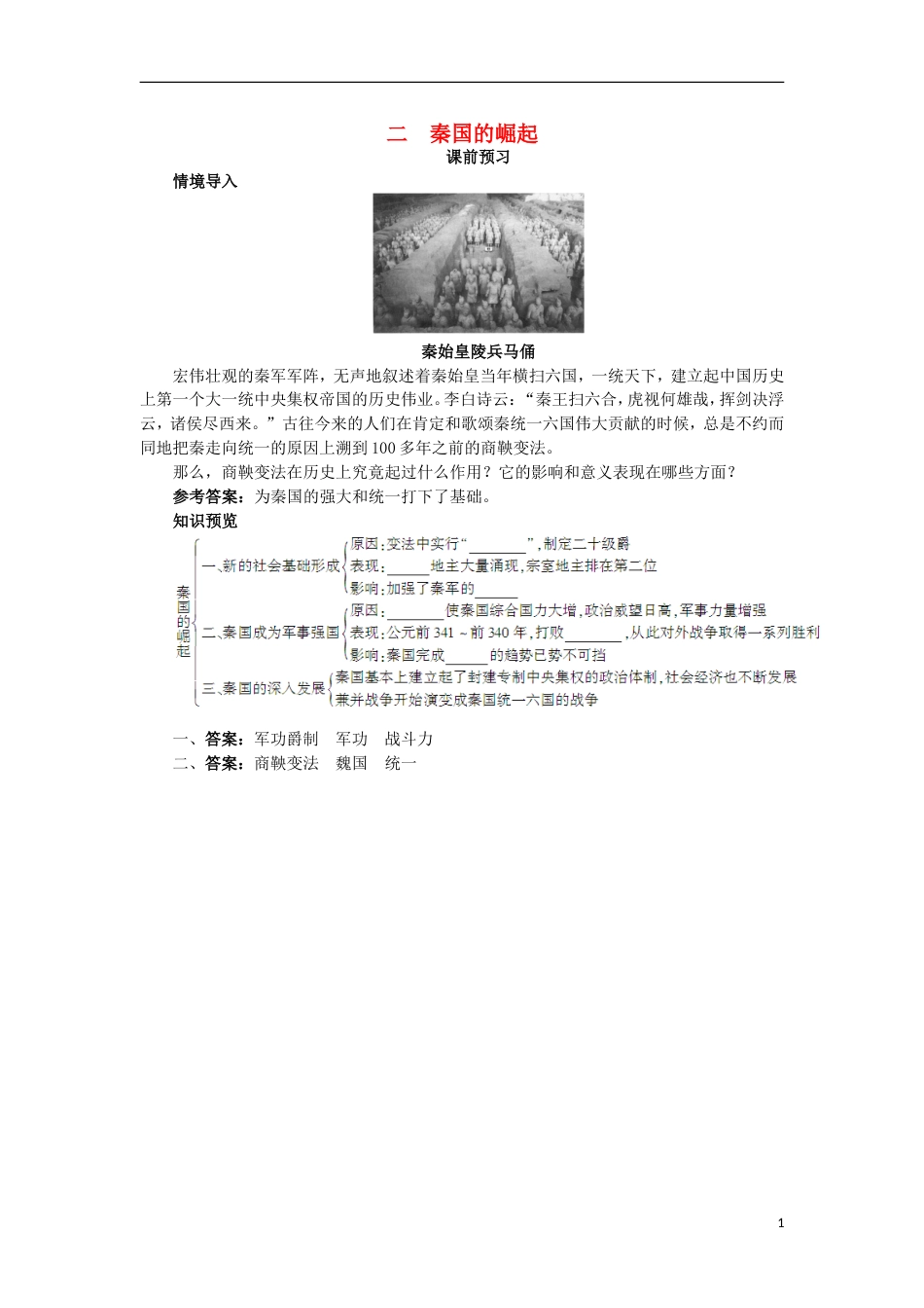 高中历史专题二商鞅变法二秦国的崛起课前预习学案人民版选修_第1页