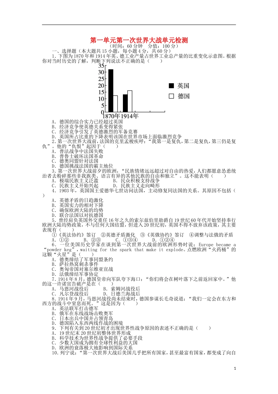 高中历史第一单元第一次世界大战单元检测岳麓版选修3_第1页