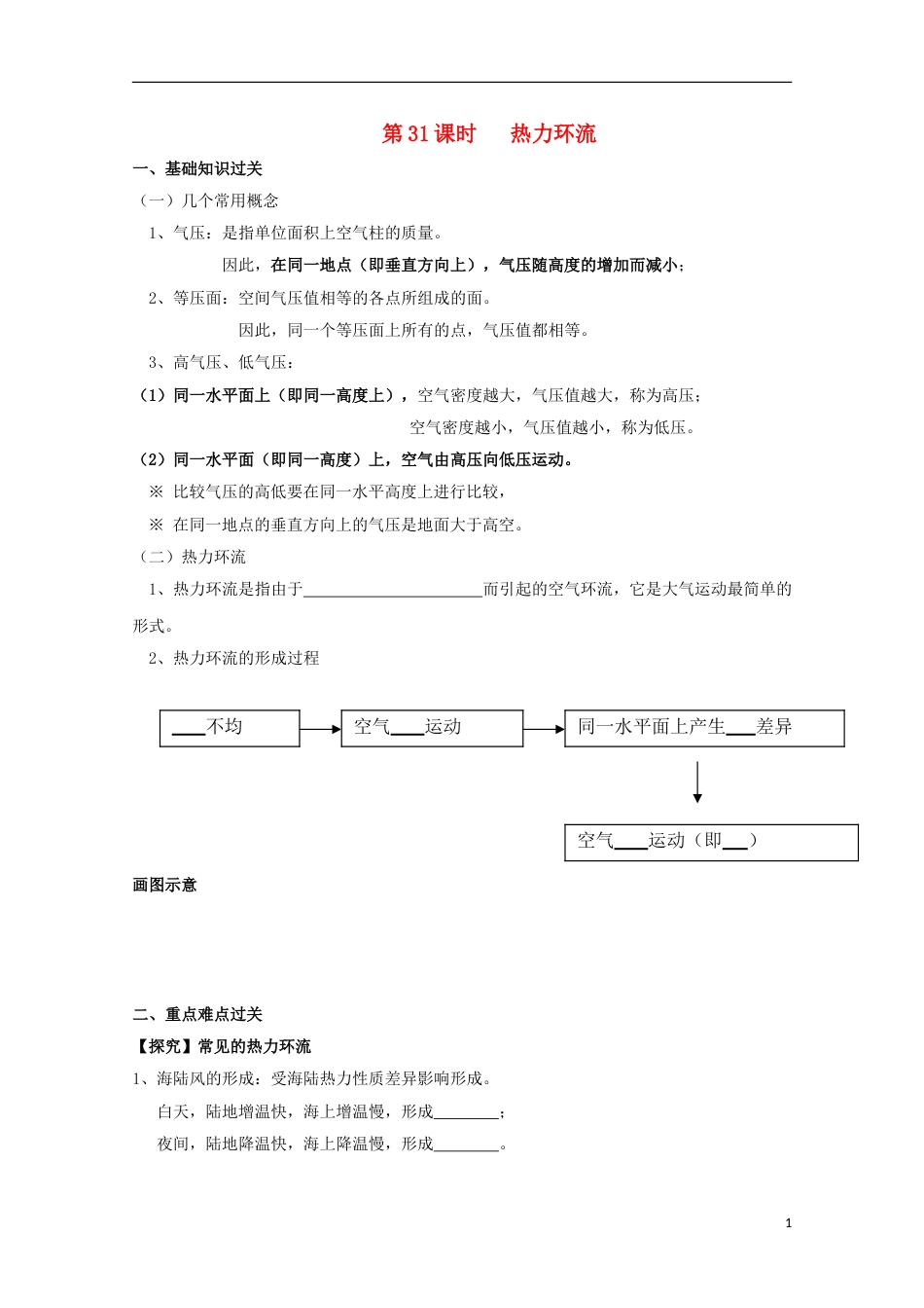 高中地理第二章地球上的大气第一节冷热不均引起大气运动时热力环流导学案新人教必修_第1页