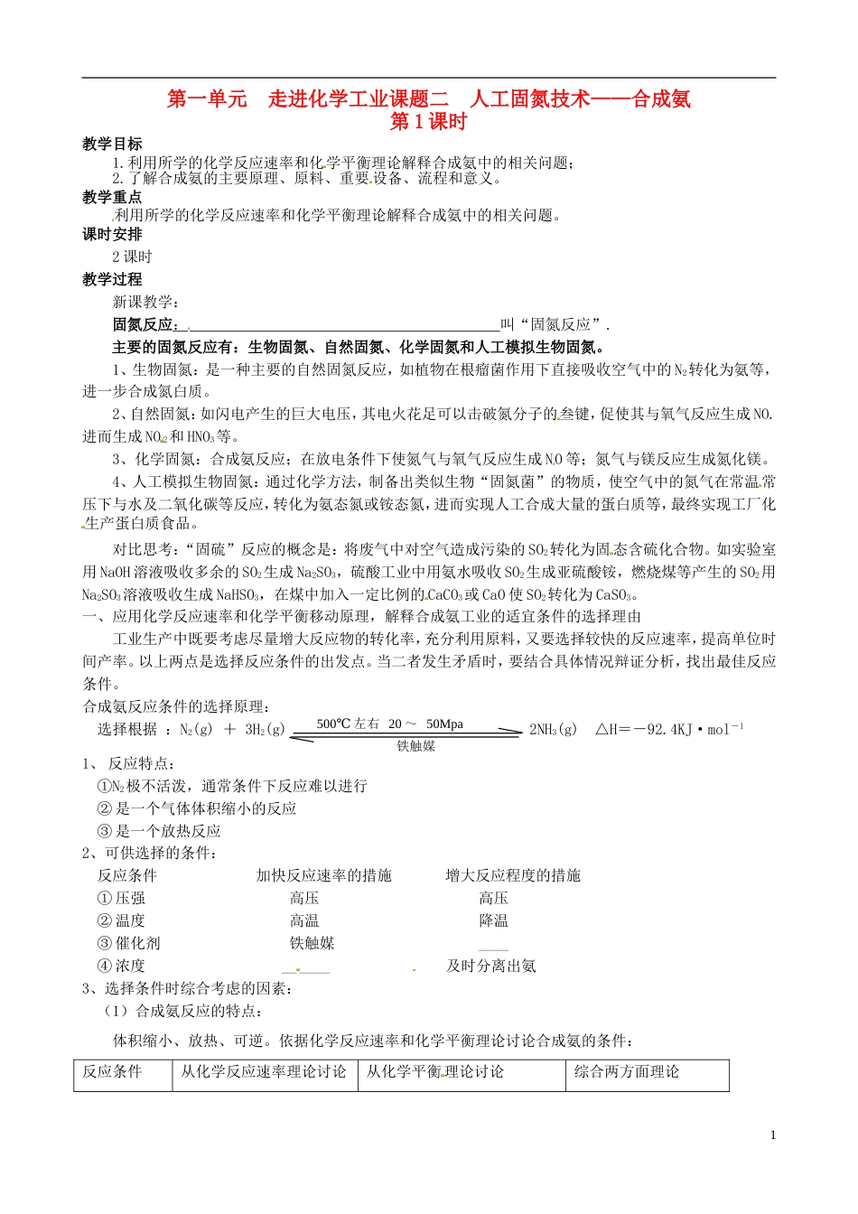 高中化学第一单元走进化学工业课题人工固氮技术合成氨教案新人教选修_第1页