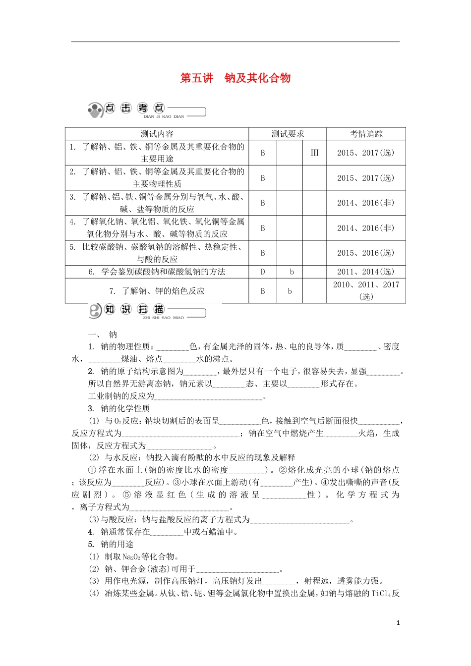 高中化学第五讲钠及其化合物学业水平测试新人教必修_第1页