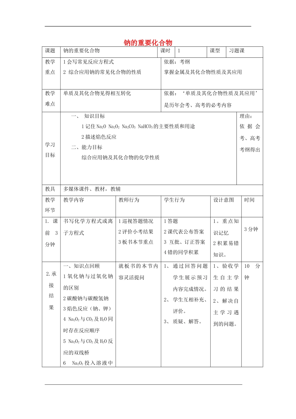 高中化学第三章金属及其化合物钠的重要化合物习题课教案新人教必修_第1页