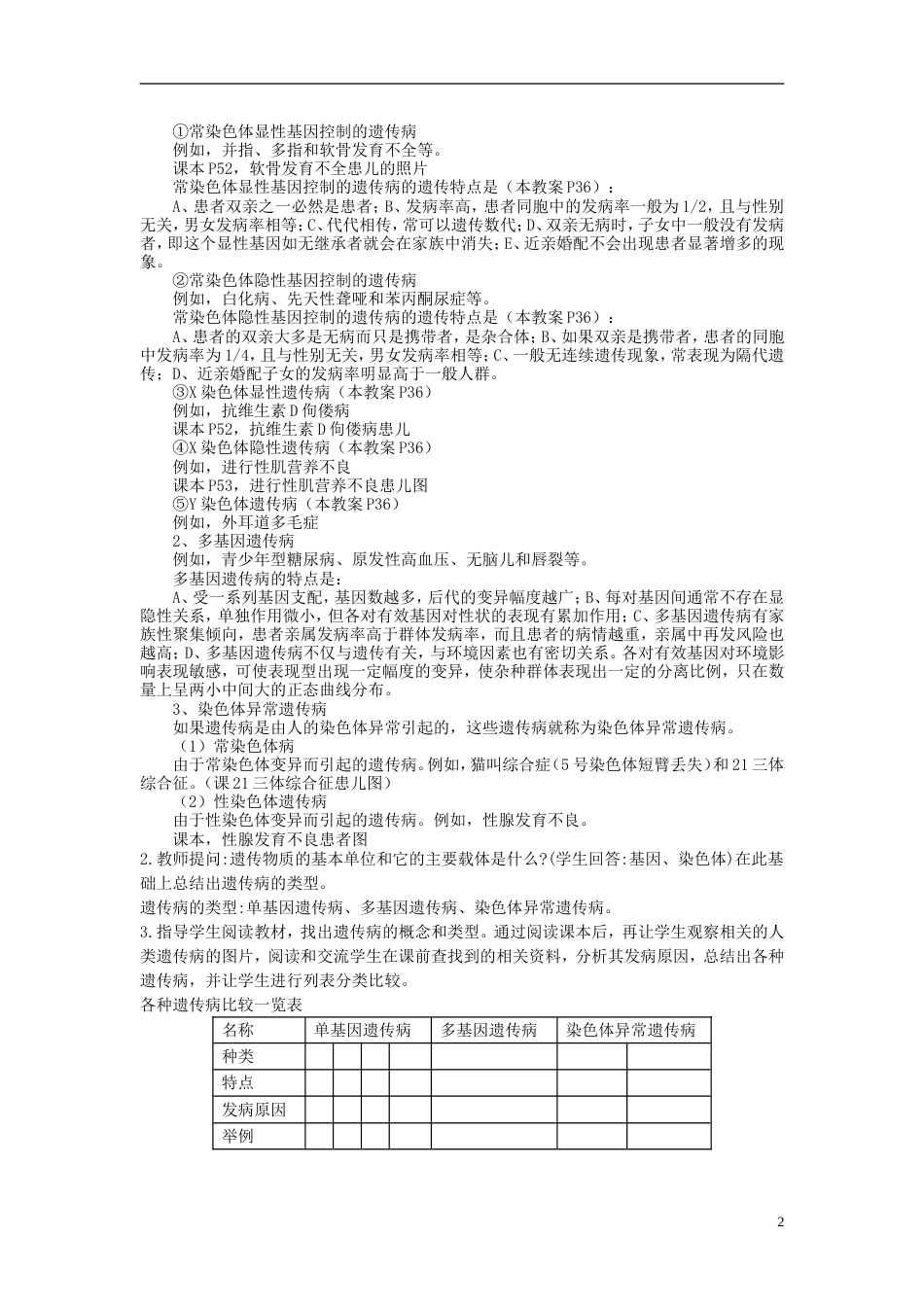 高中生物第三单元遗传与变异的分子基础第二章基因对性状的控制第六节人类遗传病教案中图版必修2_第2页