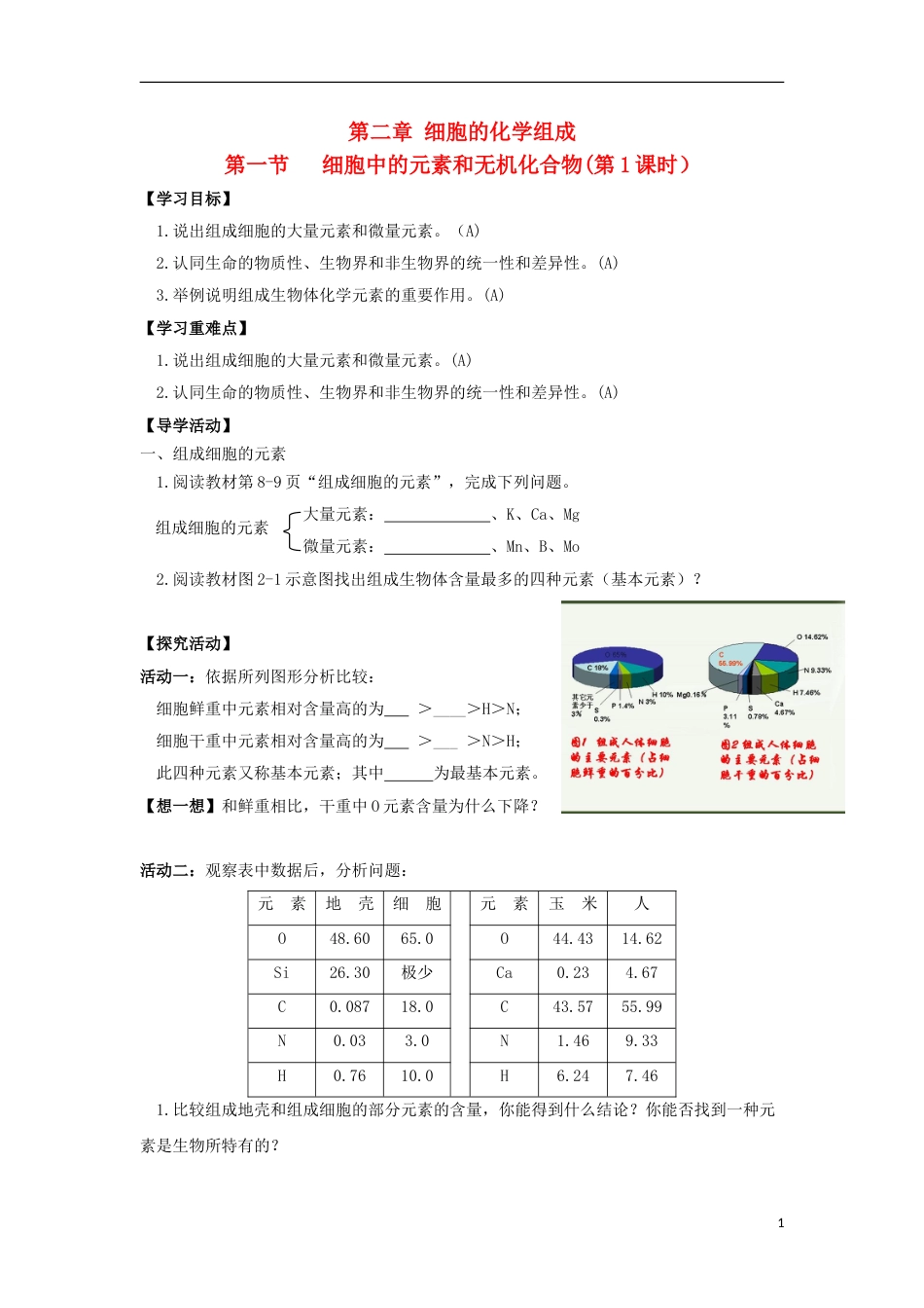 高中生物21组成细胞的元素与化合物2导学案必修1_第1页