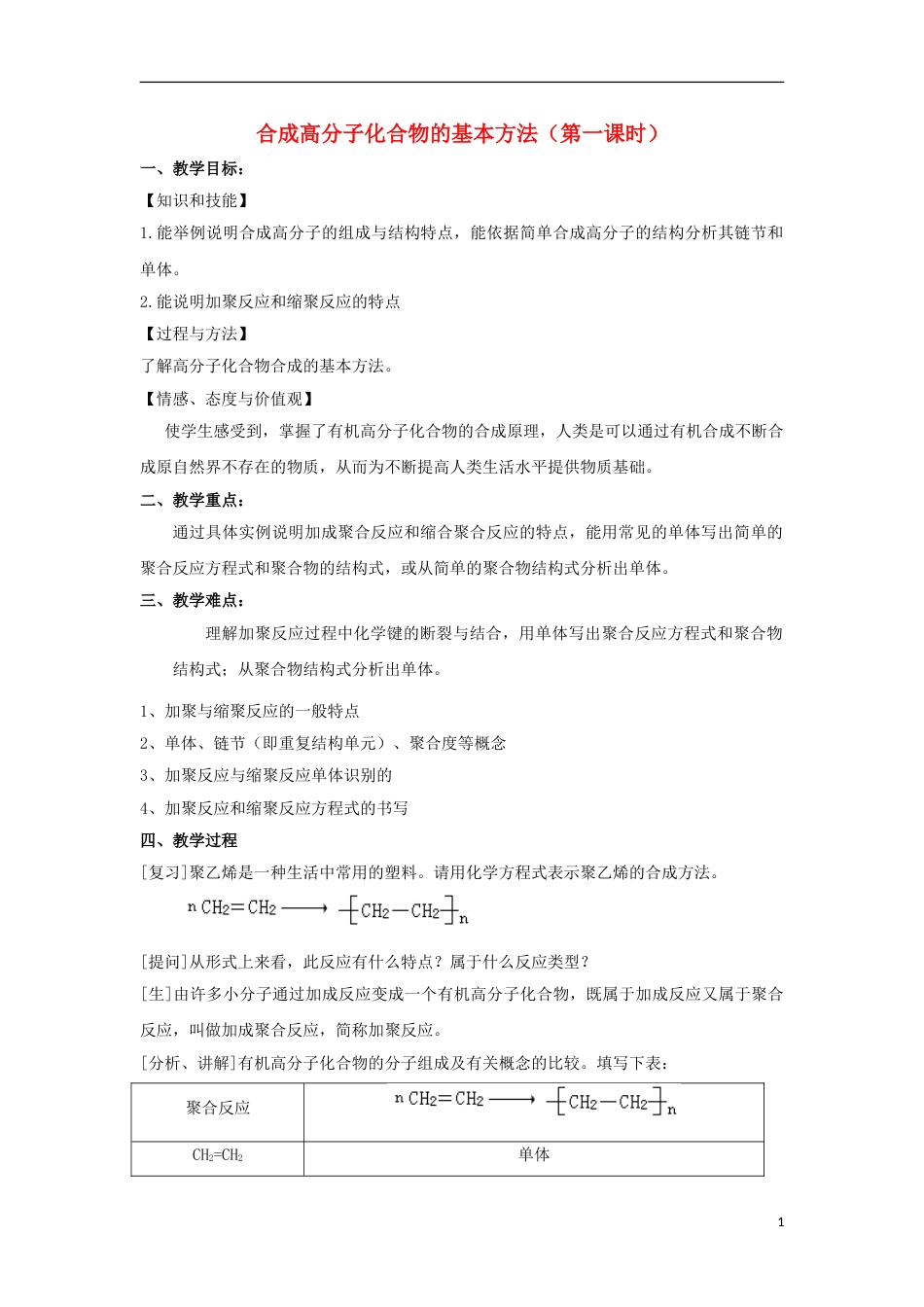 高中化学第五章进入合成有机高分子化合物的时代合成高分子化合物的基本方法教案新人教版选修_第1页