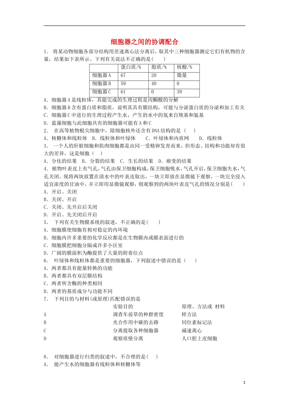 高中生物第三章细胞的基本结构细胞器──系统内的分工细胞器之间的协调配合练习题新人教版必修_第1页