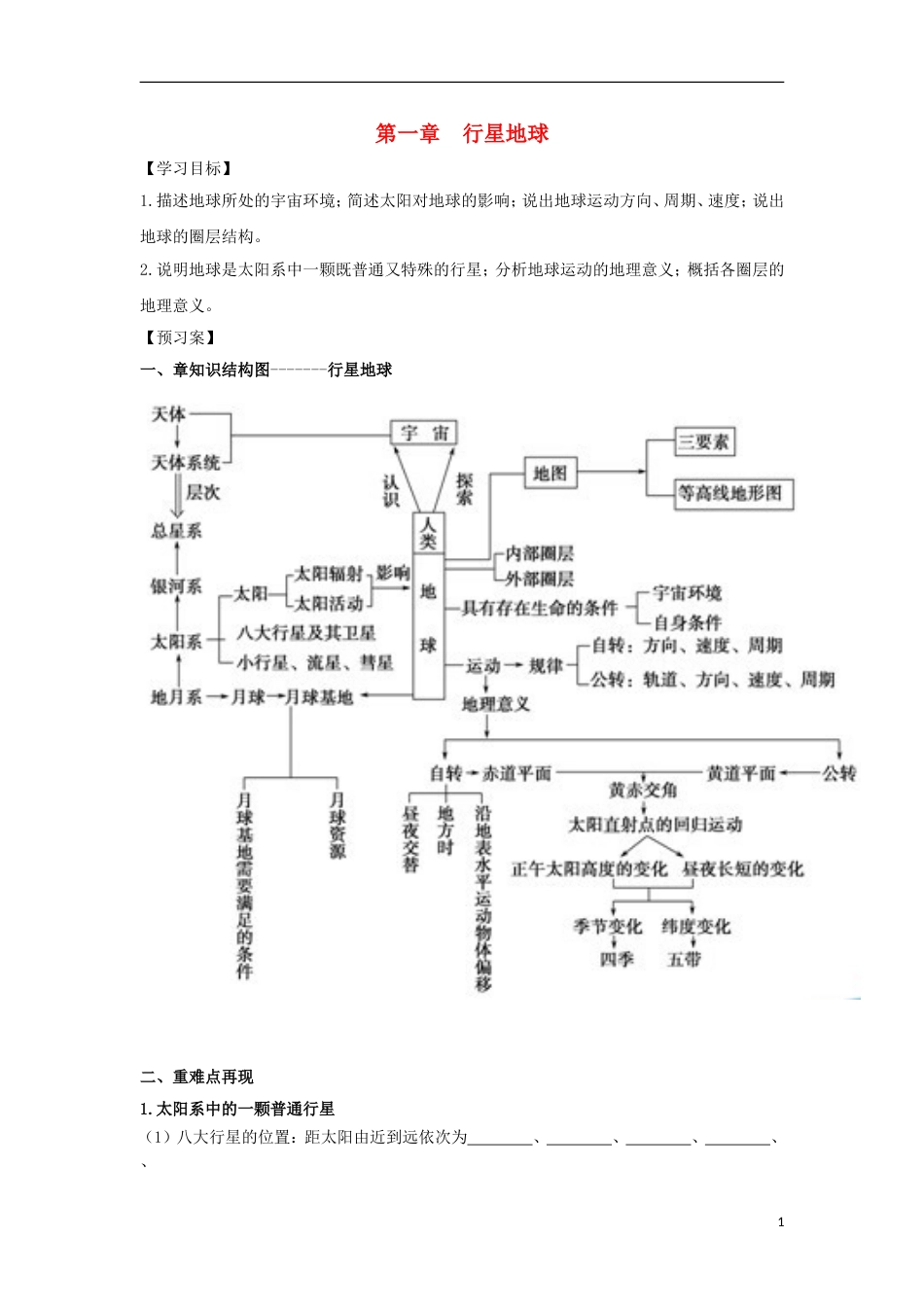 高中地理第一章行星地球复习导学案新人教必修_第1页