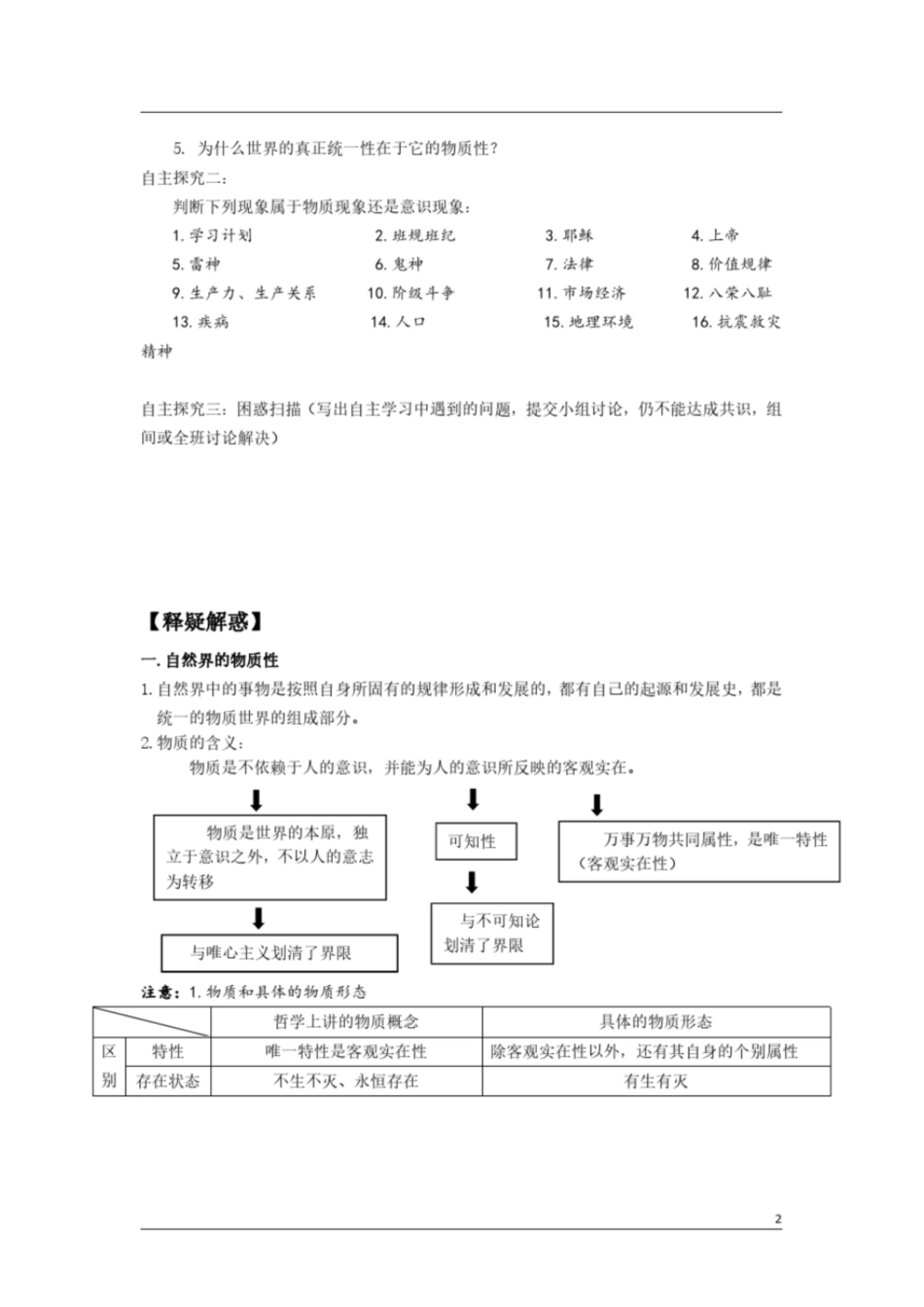 高中政治必修四生活与哲学《第四课探究世界的本质》导学案及答案_第2页