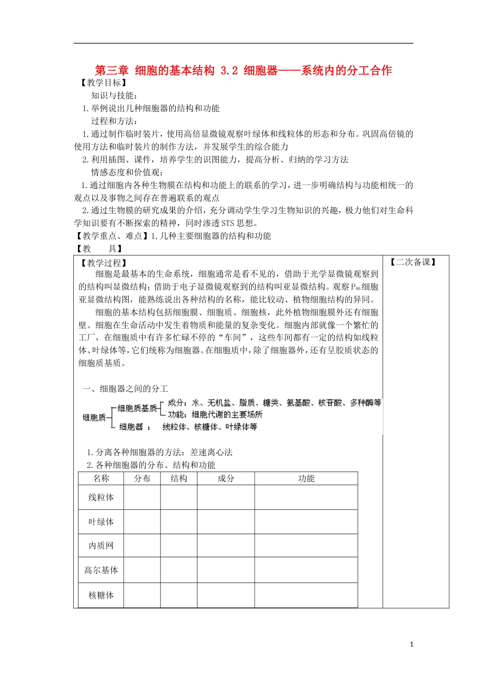 高中生物第三章细胞的基本结构32细胞器系统内的分工教案新人教必修1_第1页