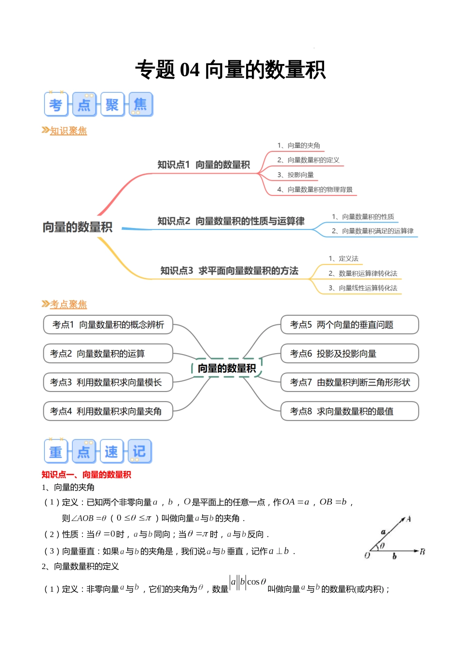 专题04  向量的数量积（8大考点，知识串讲+热考题型+专题训练）-【寒假自学课】2024年高一数学寒假提升学与练（苏教版2019）_第1页