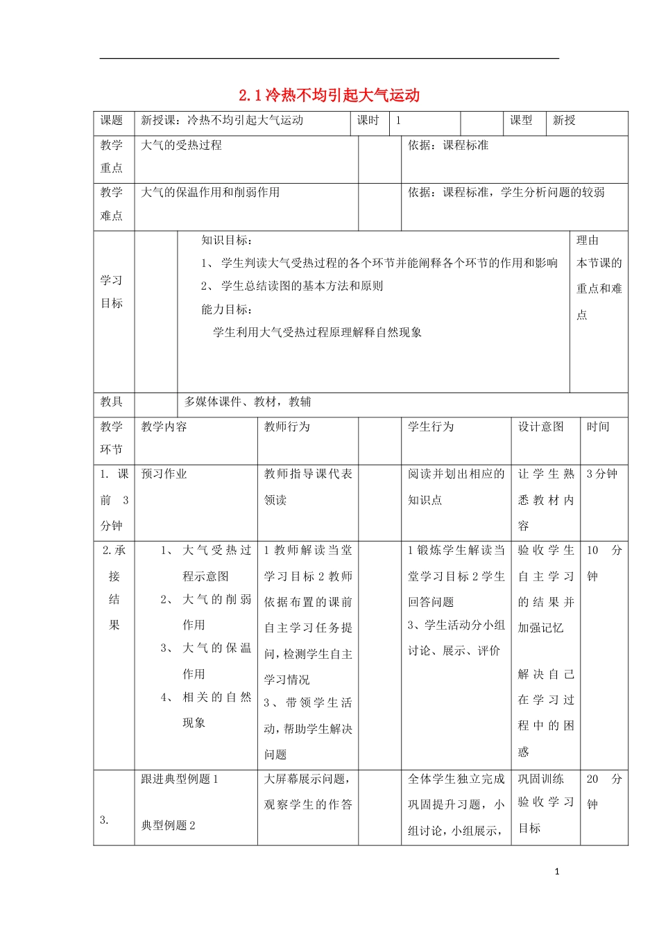 高中地理第二章地球上的大气冷热不均引起大气运动教案新人教必修_第1页