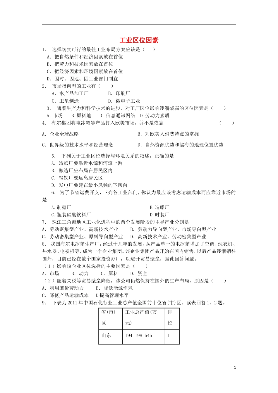 高中地理总复习工业位因素练习新人教_第1页