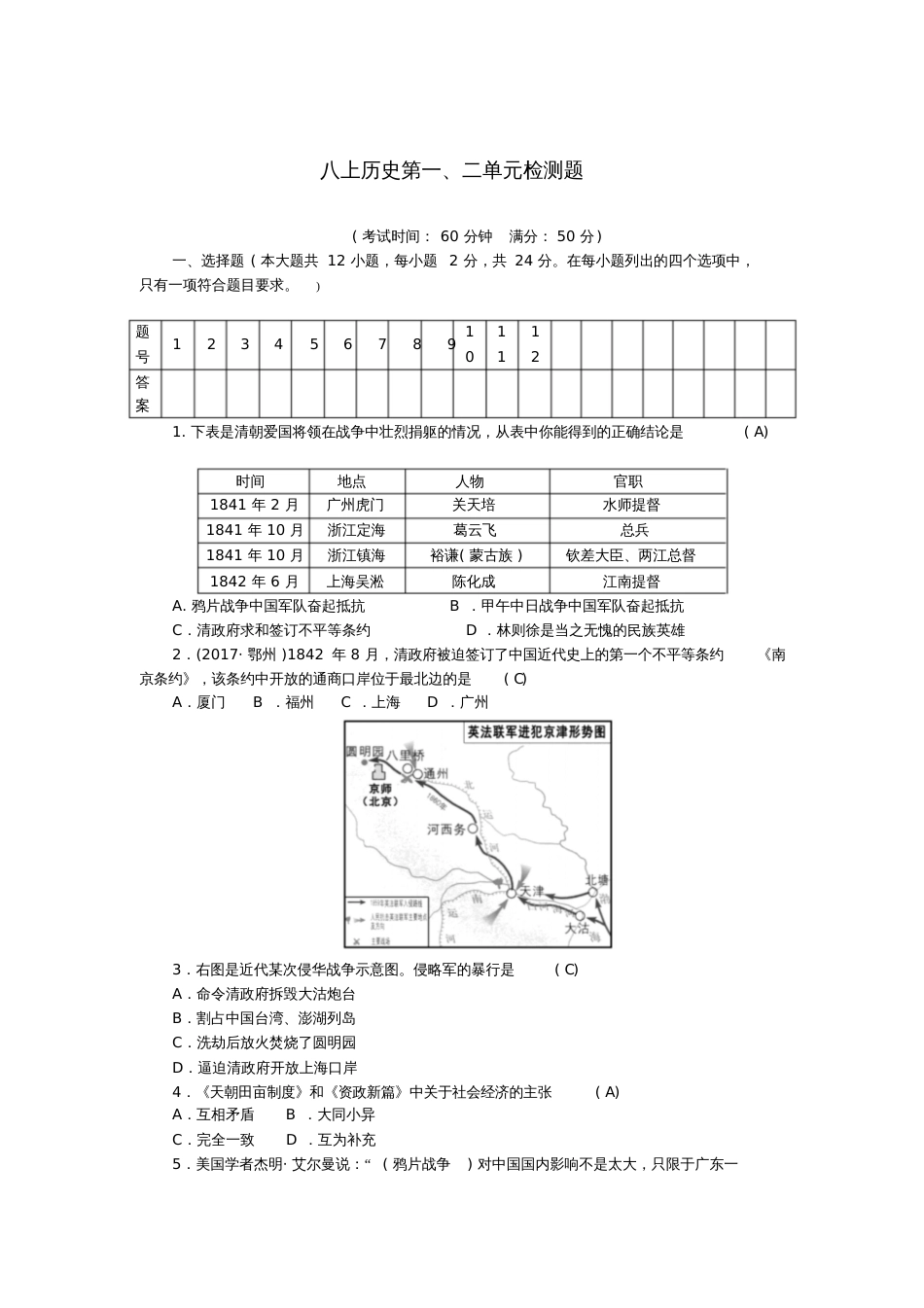 2017年秋八年级历史上册第1、2单元检测题(含2017年中考真题)新人教版_第1页