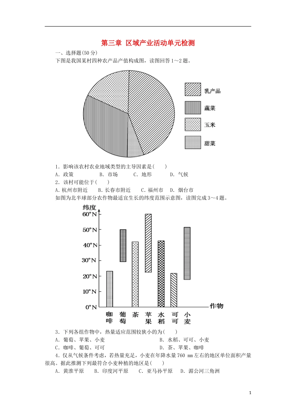 高中地理第三章域产业活动单元检测新人教必修_第1页