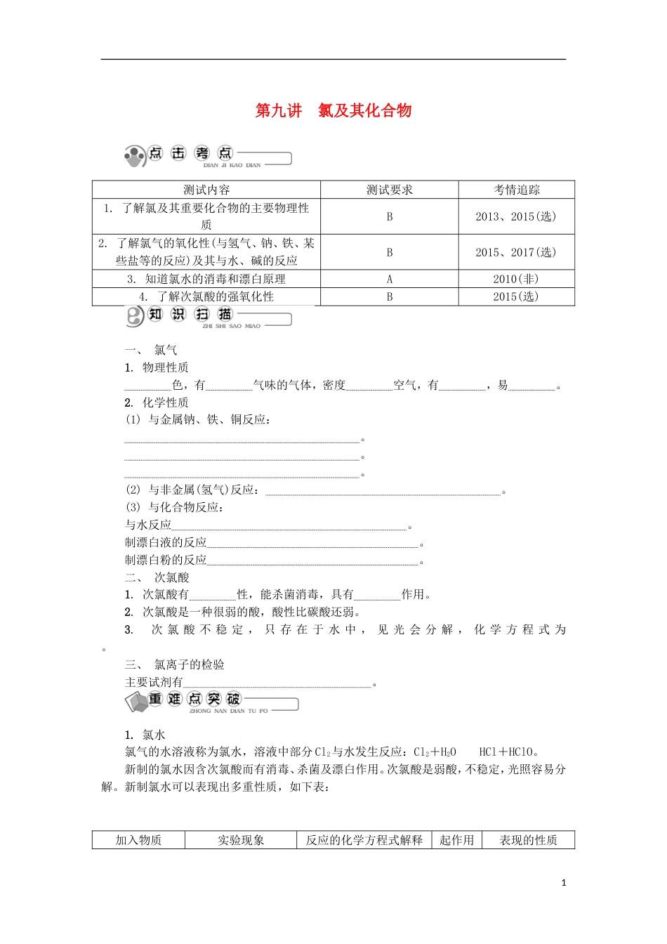 高中化学第九讲氯及其化合物学业水平测试新人教必修_第1页